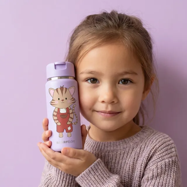 bearfoot-isolierflaschen-tiny-200ml-katze-lila-strohhalm image 1