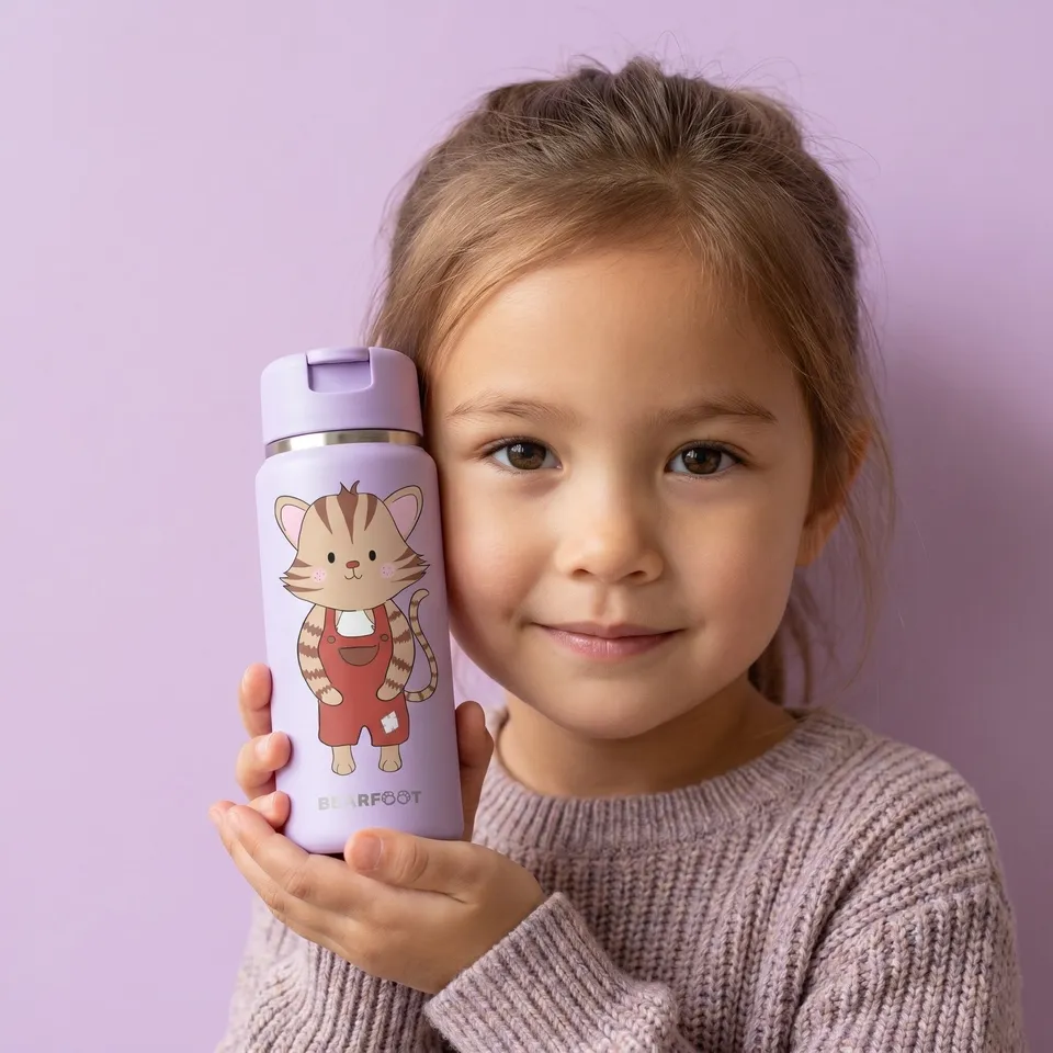 bearfoot-isolierflaschen-tiny-200ml-katze-lila-strohhalm image 1