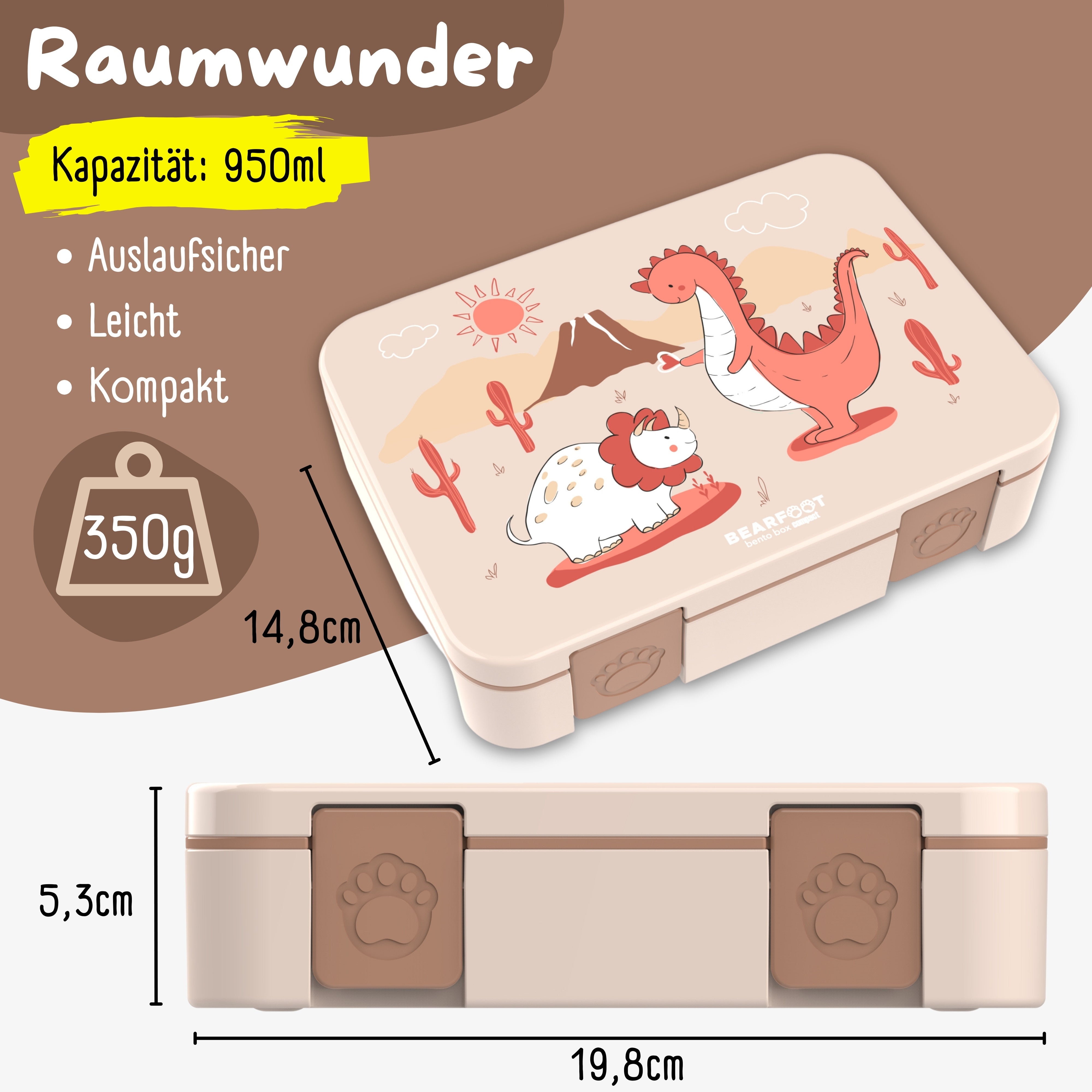 bearfoot-bento-box-compact-brotdose-dino-braun-950ml-auslaufsicher image 5