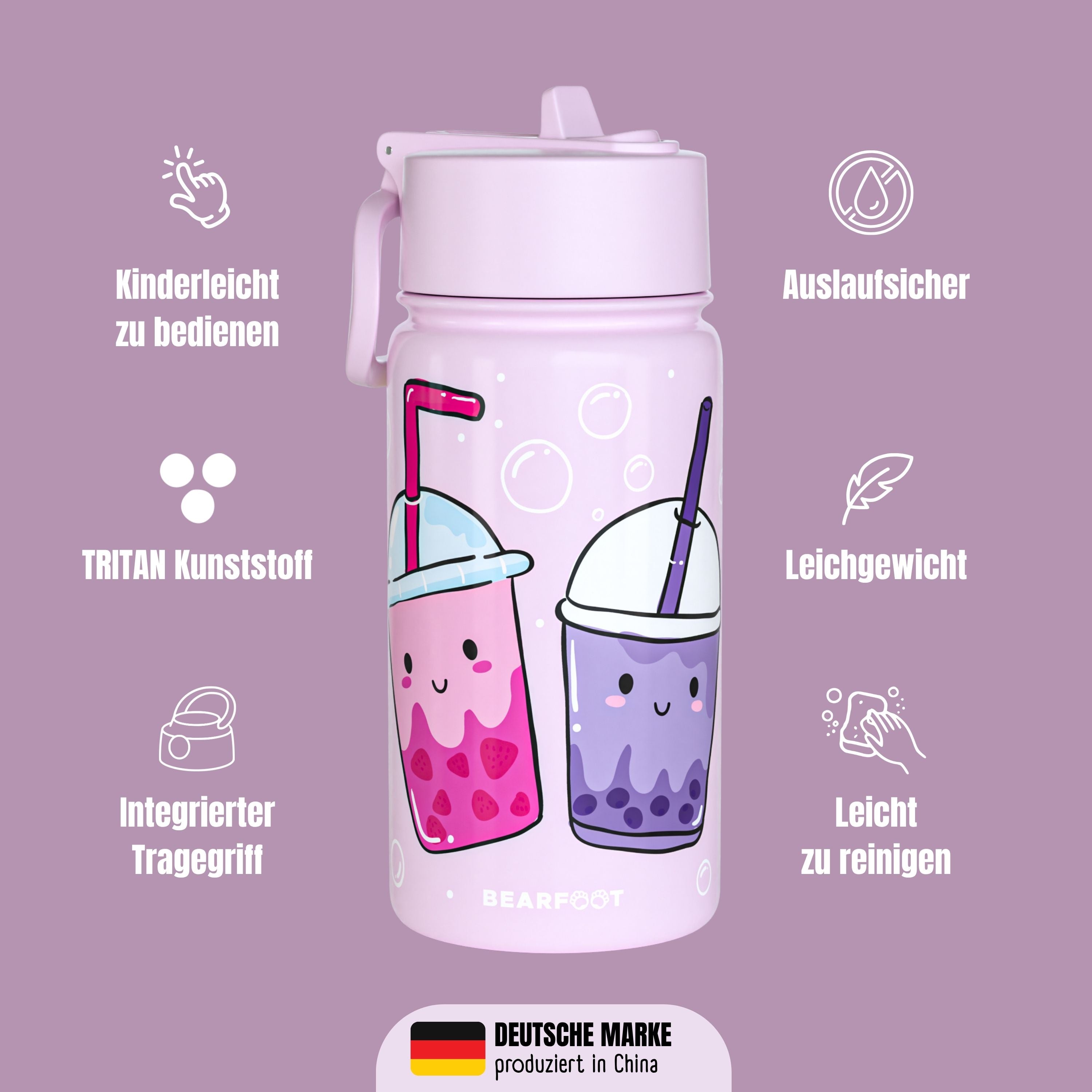 bearfoot-thermo-trinkflasche-bubbletea-lila-edelstahl-400ml-strohhalm image 3