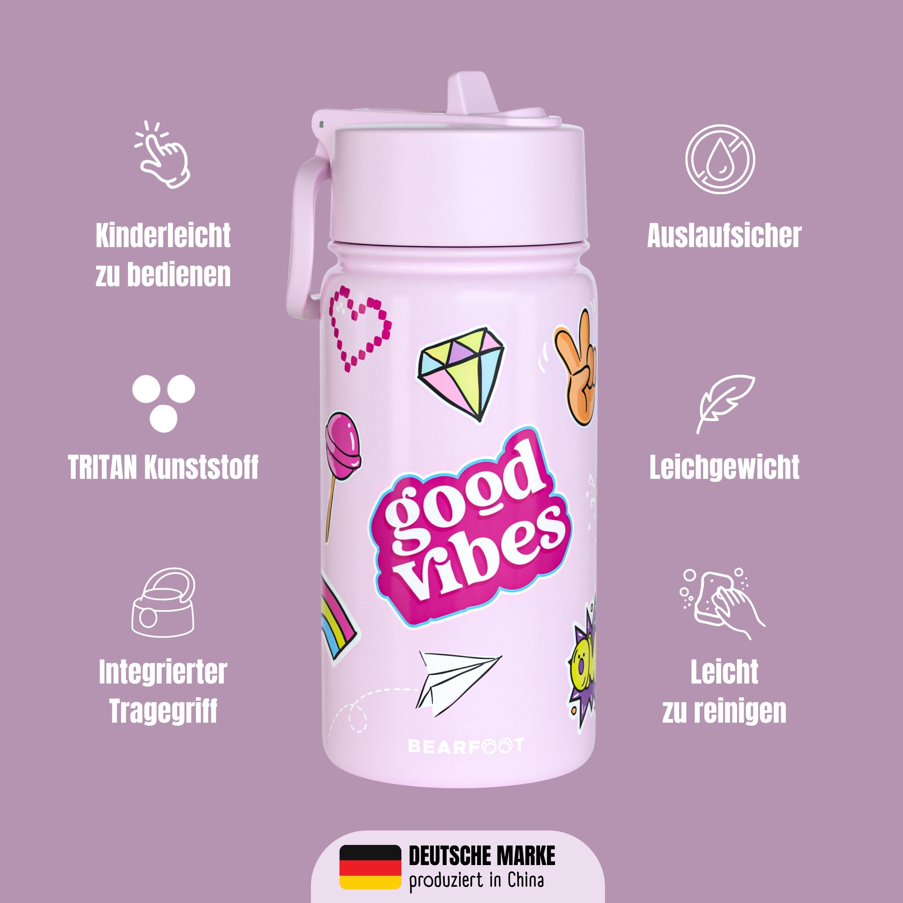 bearfoot-thermo-trinkflasche-sticker-lila-edelstahl-400ml-strohhalm image 3