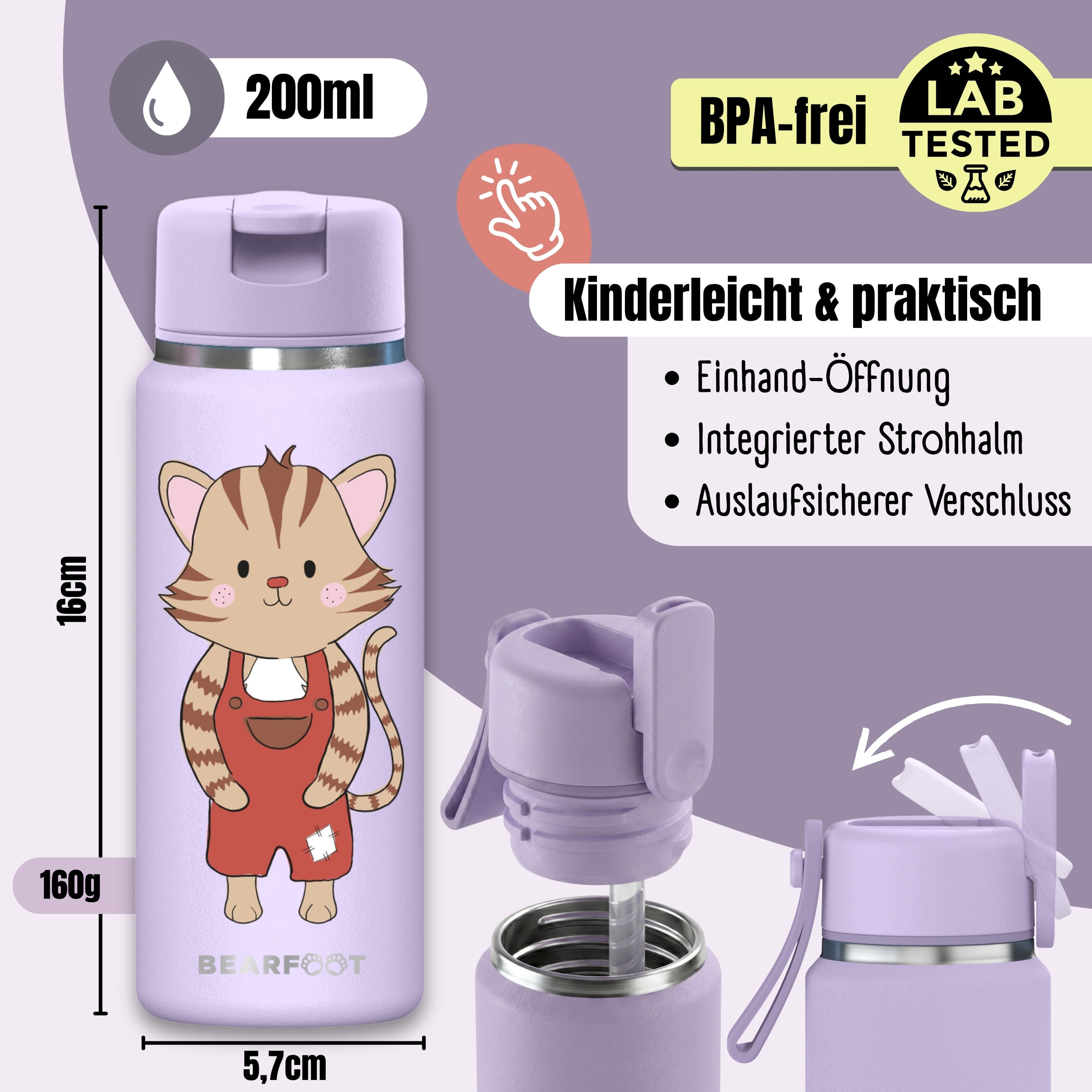 bearfoot-isolierflaschen-tiny-200ml-katze-lila-strohhalm image 4
