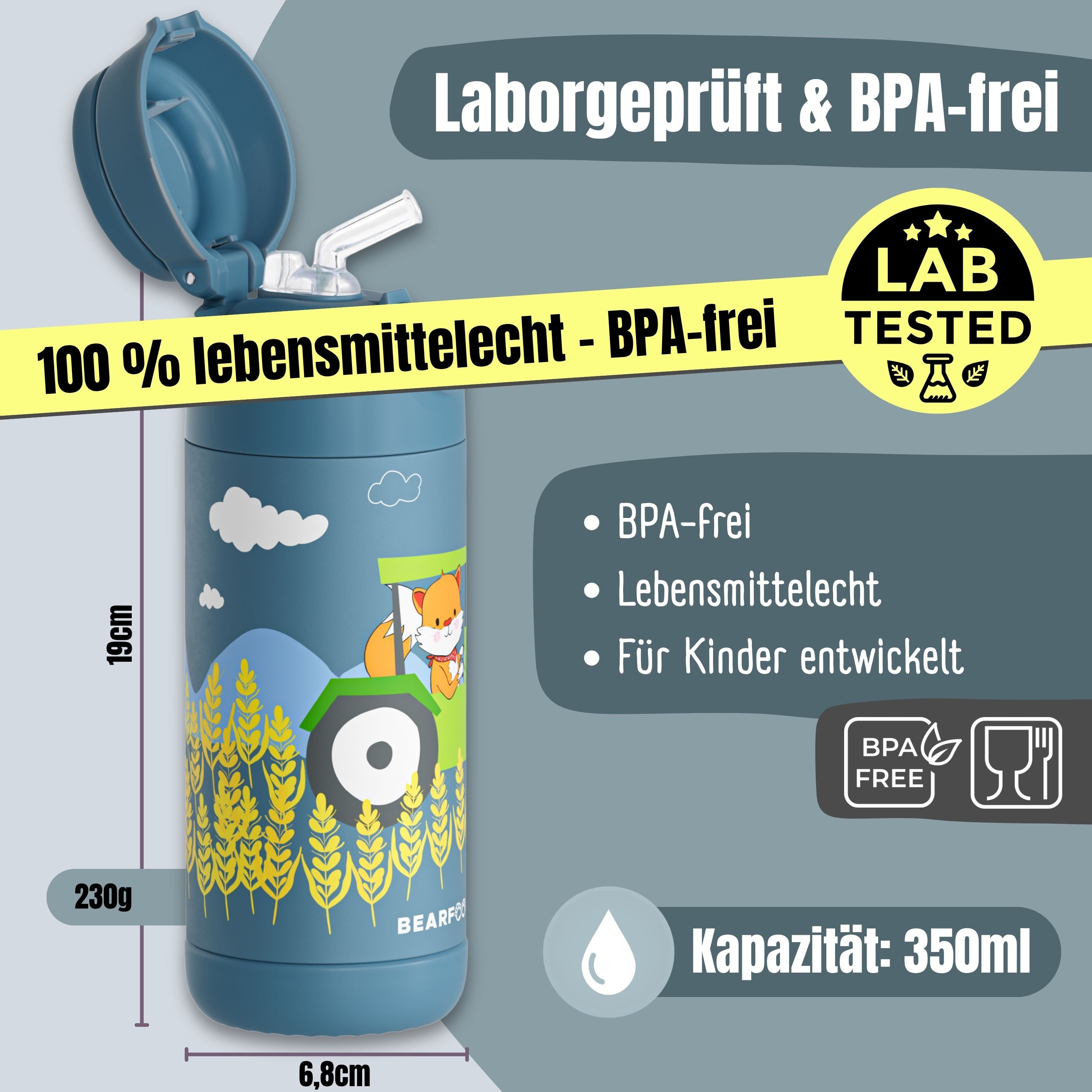 bearfoot-isolierflasche-traktor-fuchs-trinkflasche-blau-350ml image 5