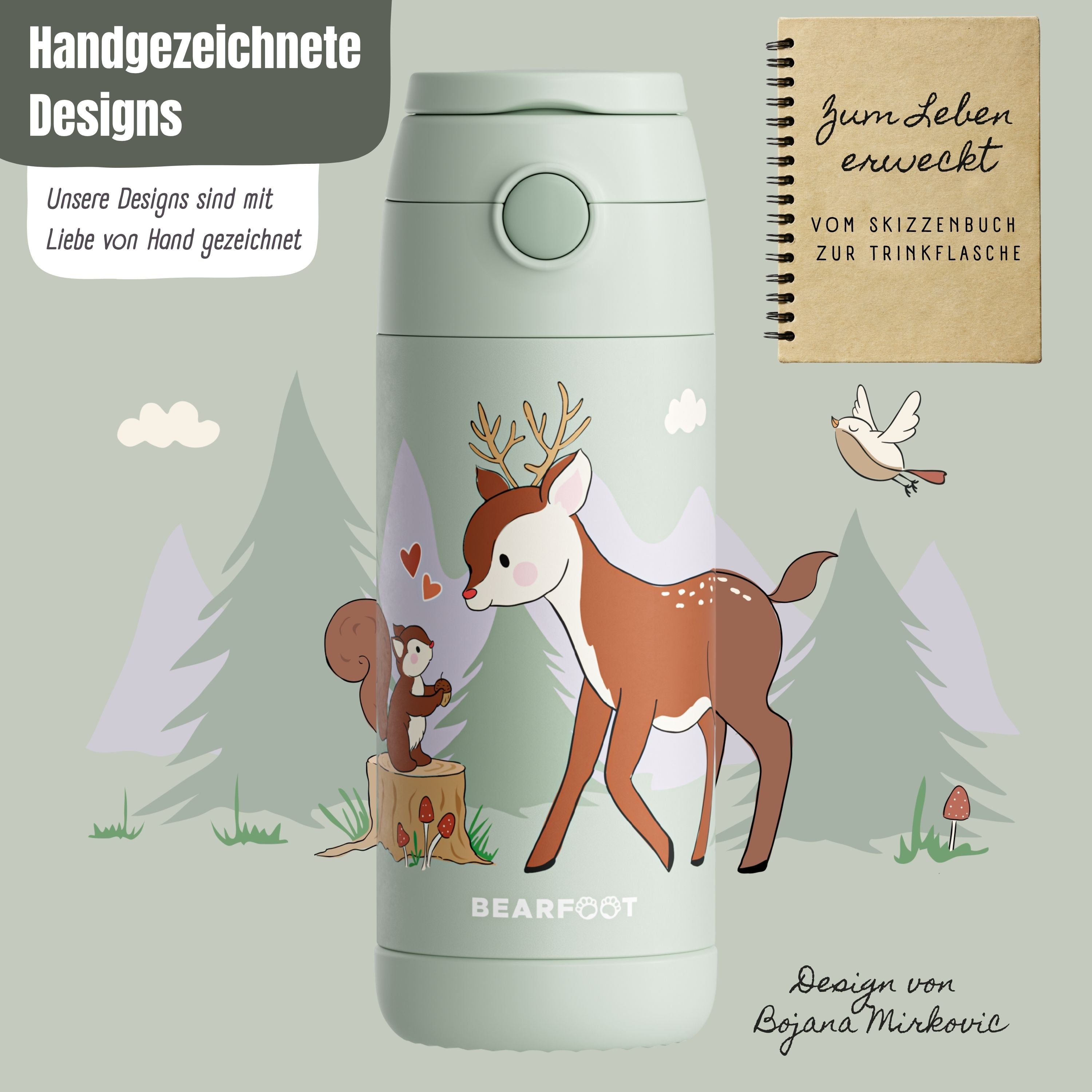 bearfoot-thermo-trinkflasche-kinder-reh-gr-n-350ml-edelstahl image 4