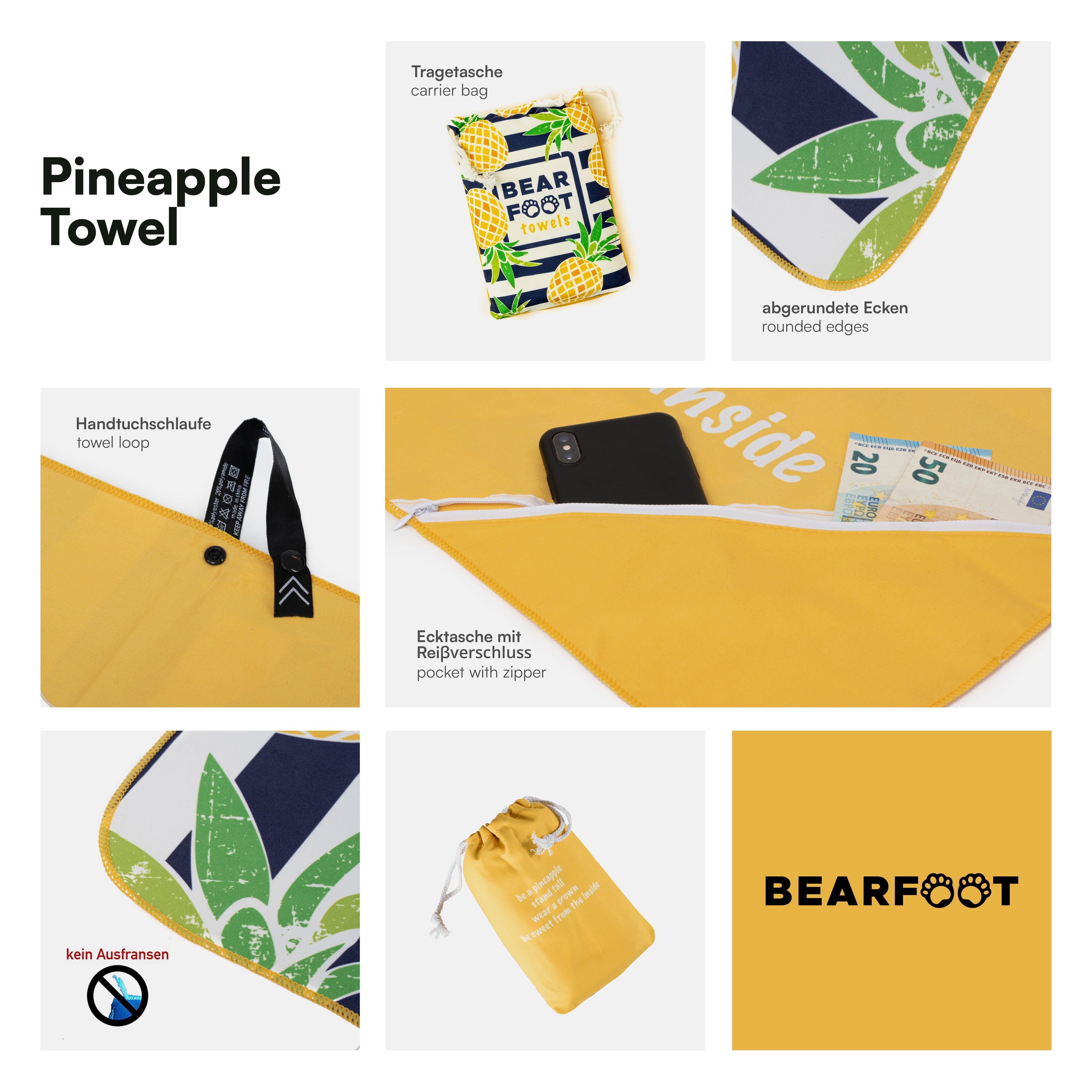 bearfoot-strandt-cher-mikrofaser-strandhandtuch-ananas-gelb-160x80cm image 2