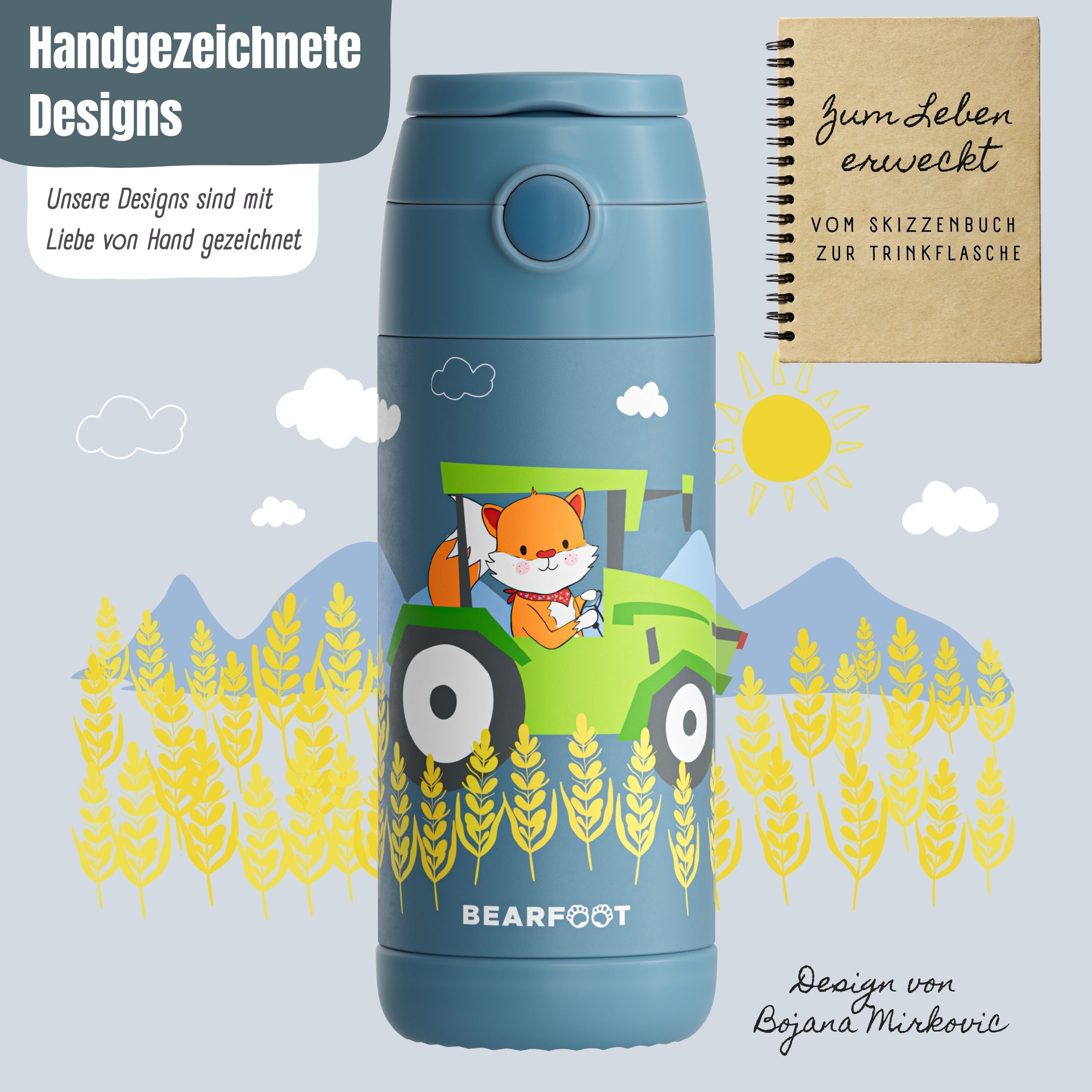 bearfoot-isolierflasche-traktor-fuchs-trinkflasche-blau-350ml image 4