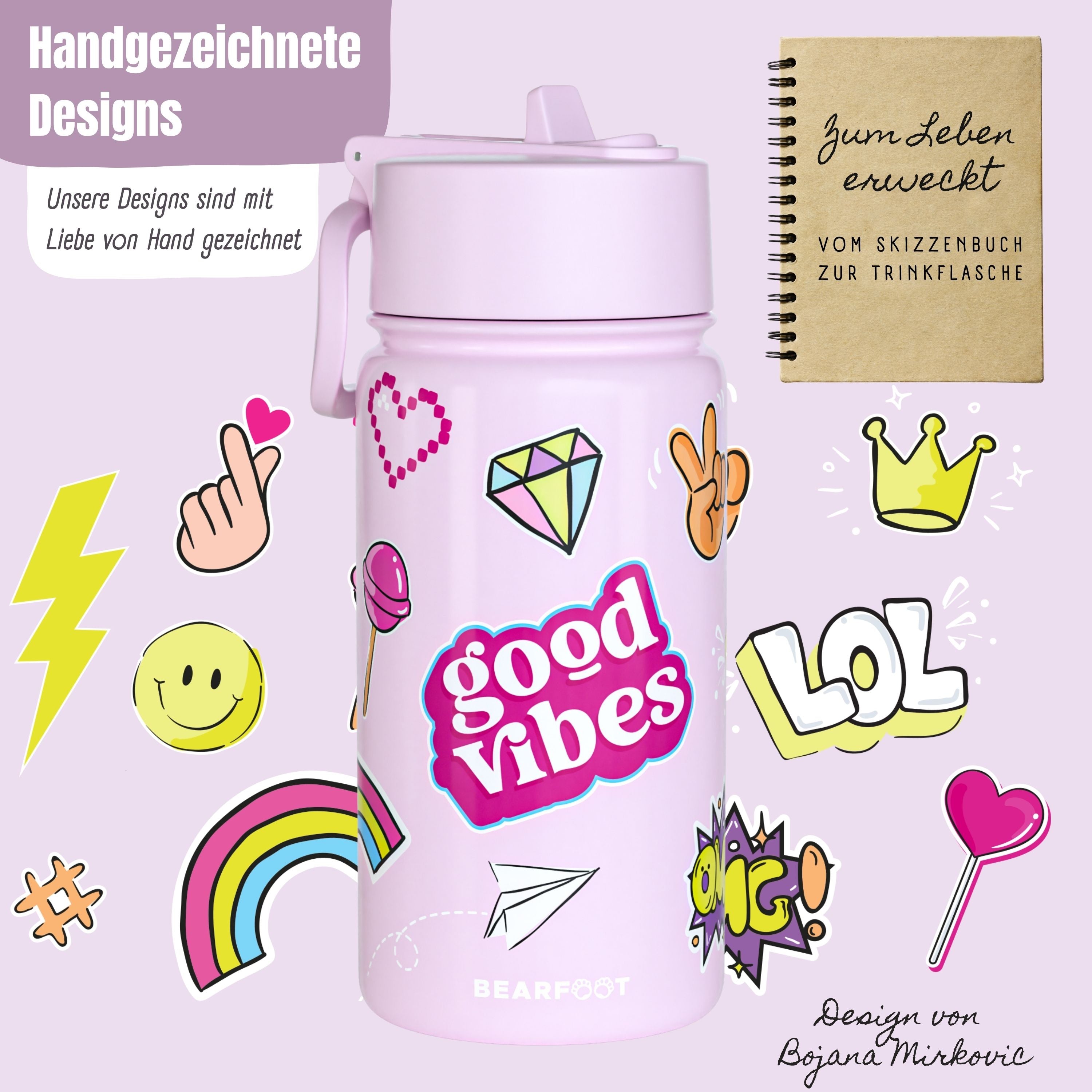 bearfoot-thermo-trinkflasche-sticker-lila-edelstahl-400ml-strohhalm image 2