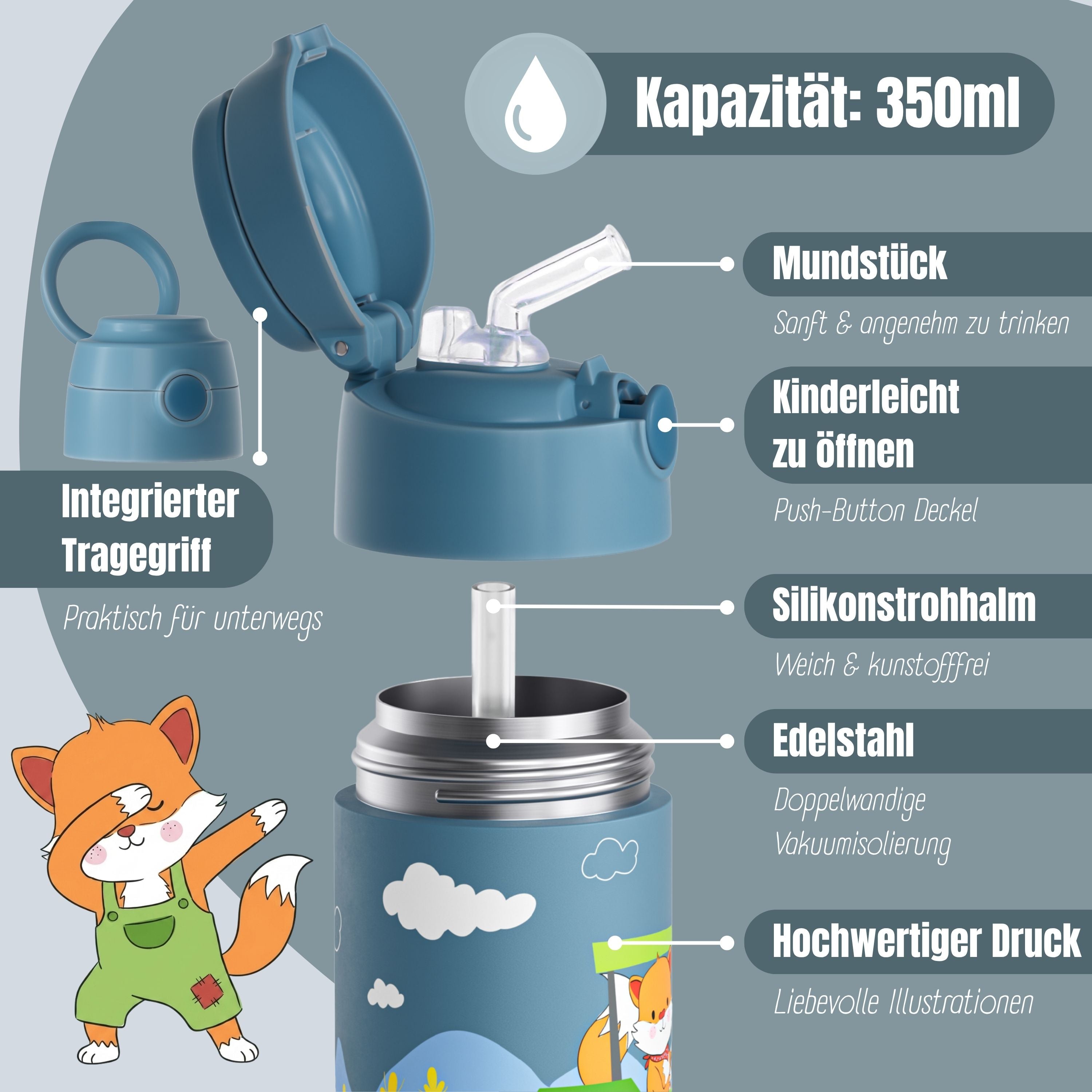 bearfoot-isolierflasche-traktor-fuchs-trinkflasche-blau-350ml image 6
