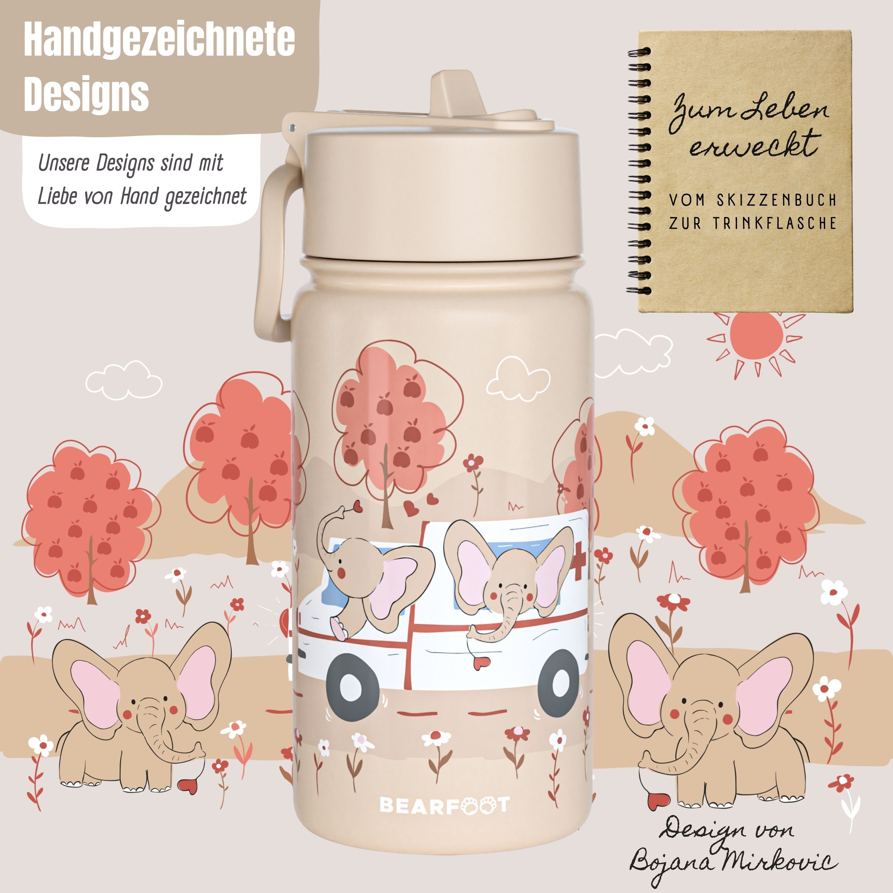 bearfoot-thermo-trinkflasche-krankenwagen-braun-400-ml-strohhalm image 2
