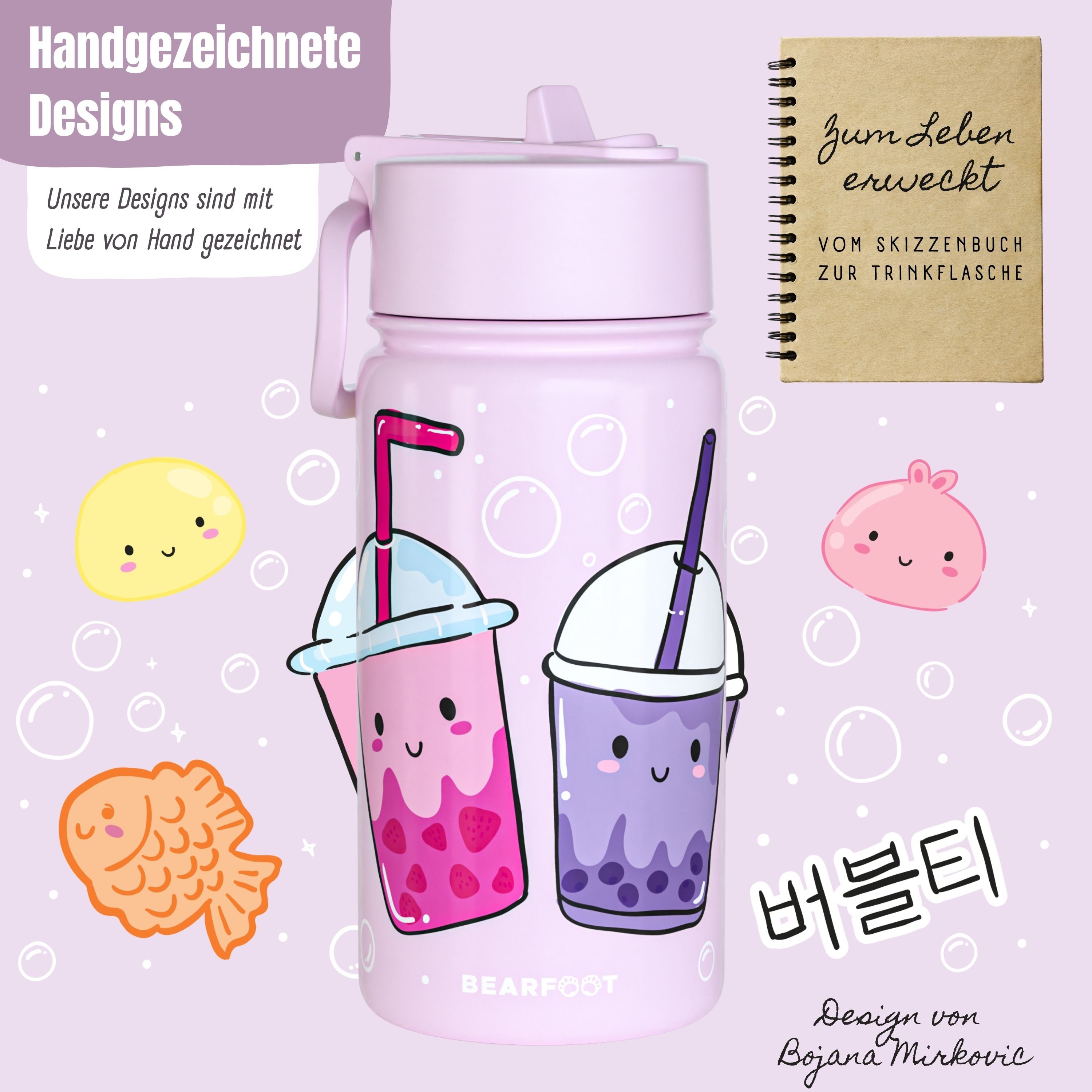 bearfoot-thermo-trinkflasche-bubbletea-lila-edelstahl-400ml-strohhalm image 2